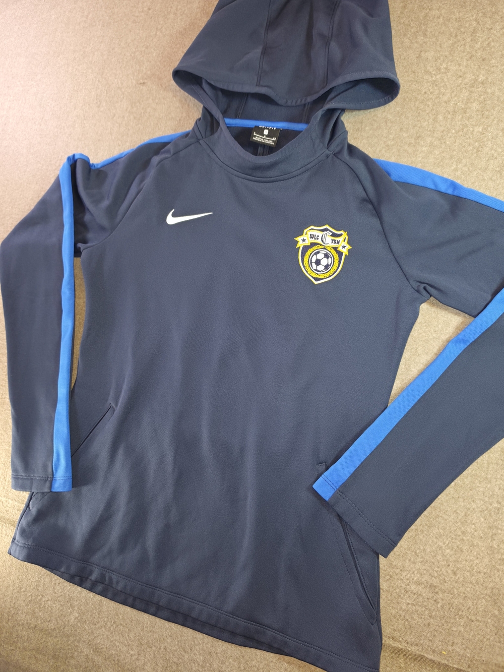 Nike Youth Navy Hooded Soccer Hoodie Blue Accents | Athletic | Dri-Fit | Small